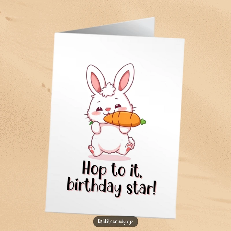 Funny Free Printable Birthday Card: Fluffy Rabbit Concentrating on Bouncing a Huge Carrot on its Nose