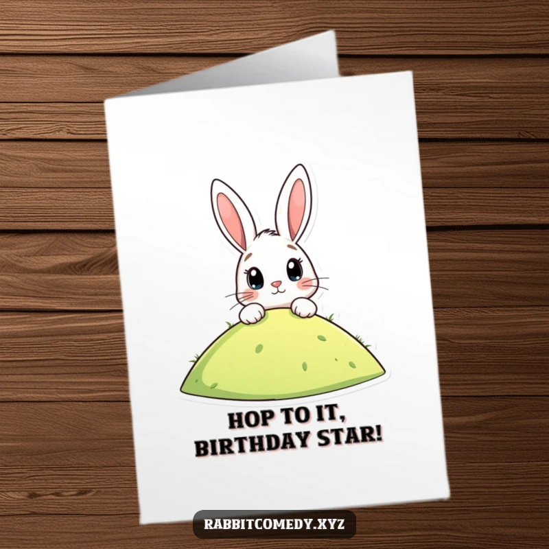 Funny Free Printable Birthday Card: Stylized rabbit peeking over a hill, eyes wide with eager anticipation for a celebration.