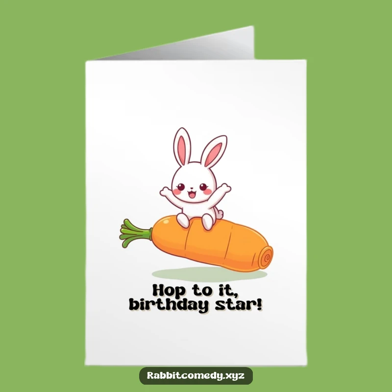 Free Printable Birthday Card: Funny Kawaii Rabbit Carrot Leap, Hilarious Downloadable Gift