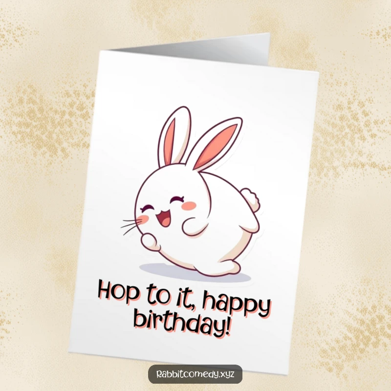 Funny Free Printable Birthday Card: A round rabbit character barrels forward, tumbling end over end with pure joy.