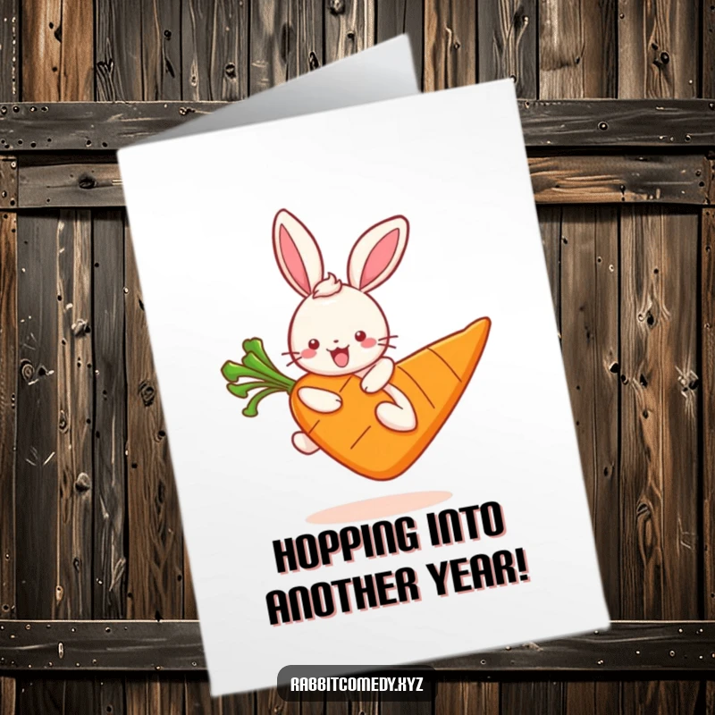 Funny Free Printable Birthday Card: Kawaii rabbit leaping with excitement on a massive carrot, spreading birthday joy.