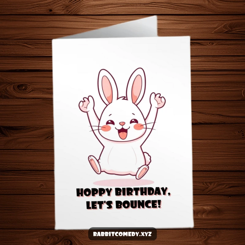 Funny Free Printable Birthday Card: Energetic kawaii rabbit doing a silly, joyous hop with its arms thrown in the air.