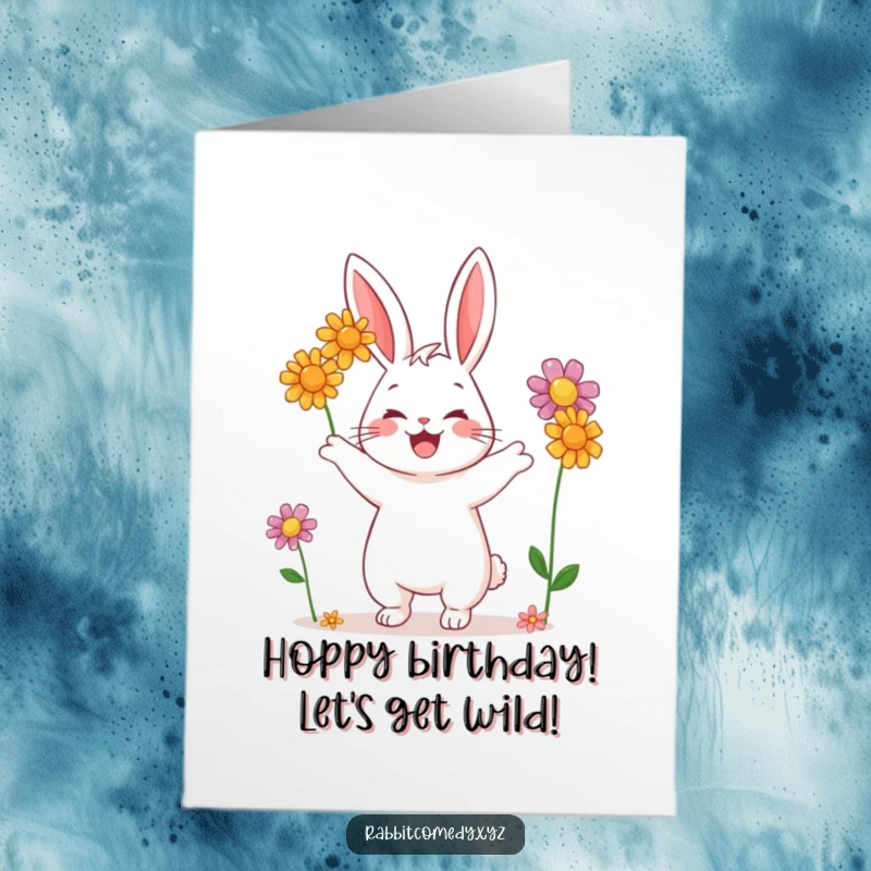 Funny Free Printable Birthday Card: A joyful rabbit happily juggling three colorful wildflowers, ready to deliver laughter.