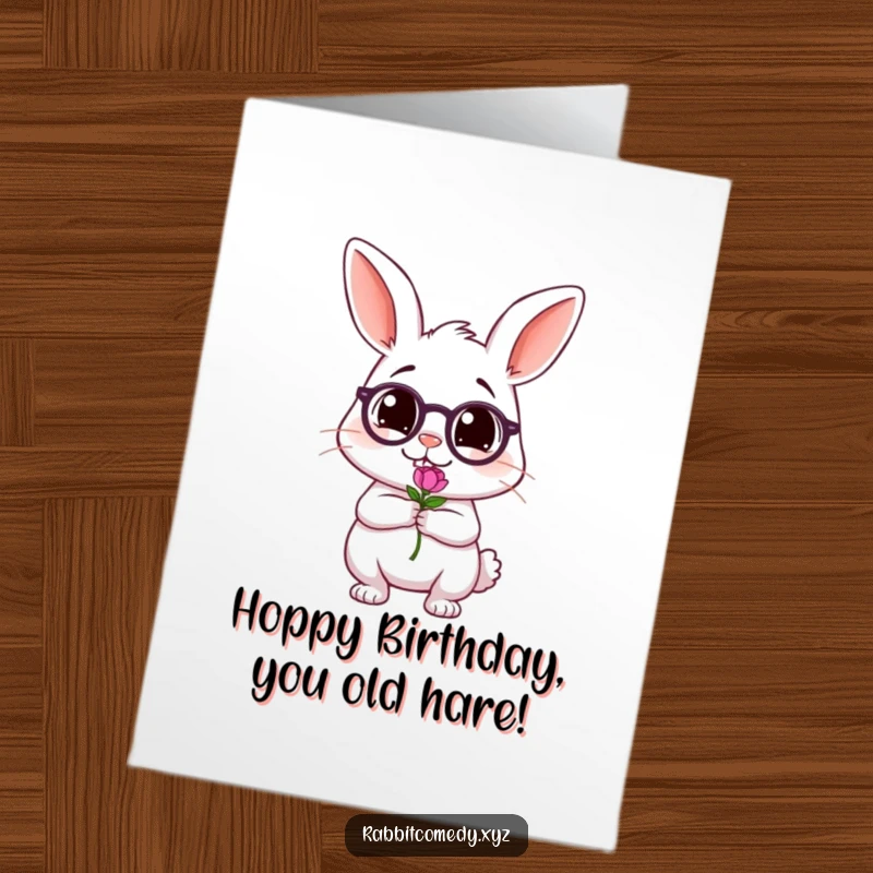 Funny Free Printable Birthday Card featuring a wobbly, tipsy rabbit holding a single flower, ready to party.