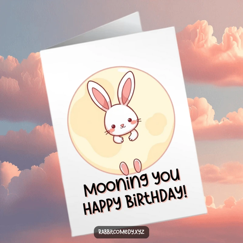Funny Free Printable Birthday Card: A little rabbit playfully peeking from behind a large, round moon.