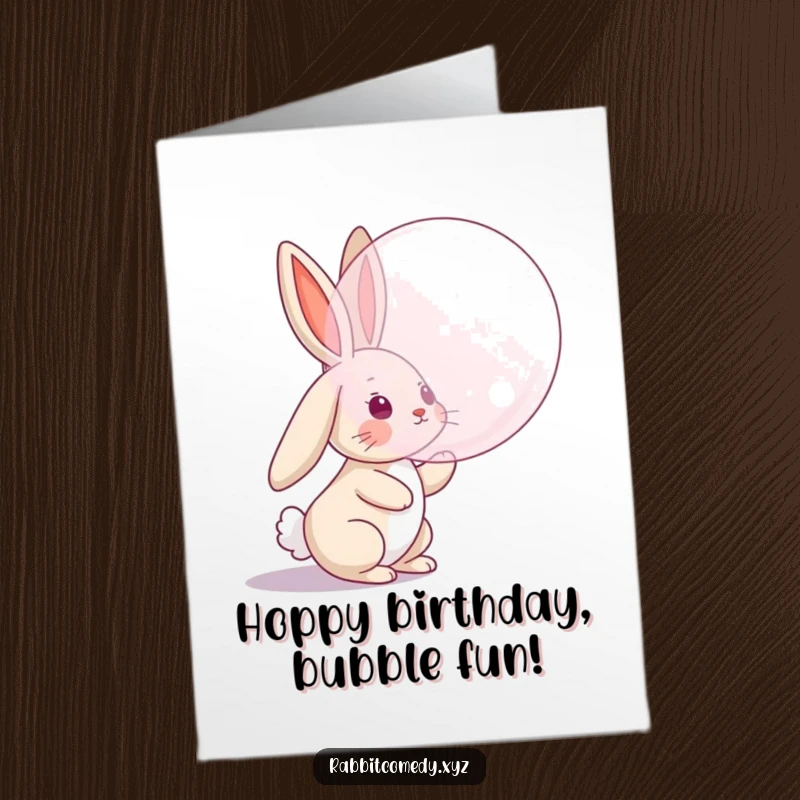 Funny Free Printable Birthday Card: Rabbit character with floppy ears chasing a giant floating bubble, playful birthday wishes, DIY gift.