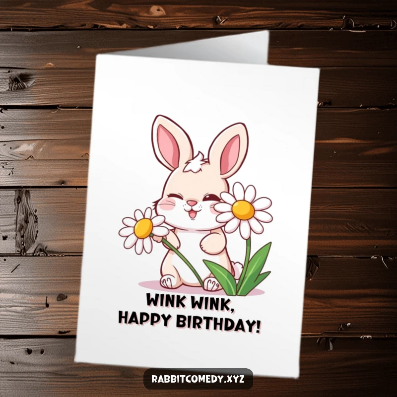 Funny Free Printable Birthday Card: Mischievous rabbit winks from behind a giggling daisy, full of playful secrets.