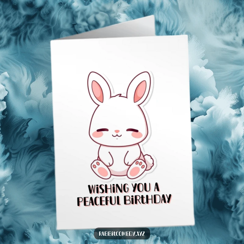 Funny Free Printable Birthday Card: A content rabbit sitting peacefully with a gentle smile and closed eyes.