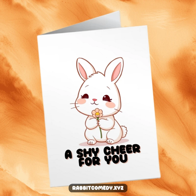 Funny Free Printable Congratulations Card: A shy rabbit with a blush offers a single flower to celebrate an achievement.
