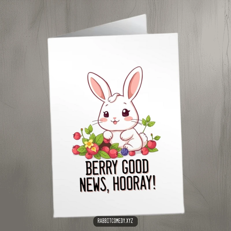 Funny Free Printable Congratulations Card: Kawaii rabbit looking astonished at a lush patch of ripe berries, a happy discovery.