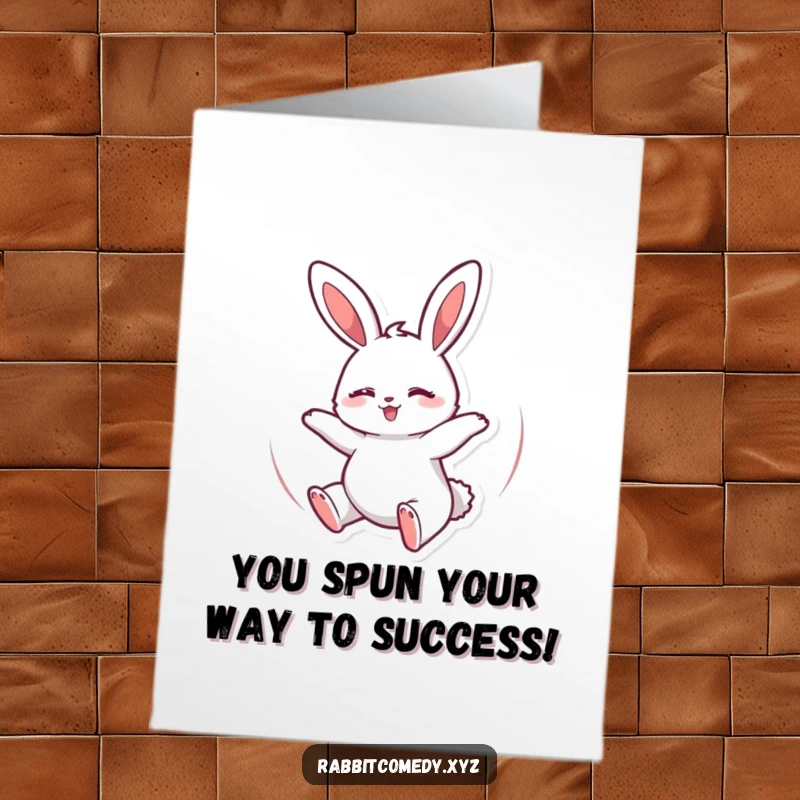 Funny Free Printable Congratulations Card: A joyous rabbit spins with eyes shut, celebrating any happy occasion with pure bliss.
