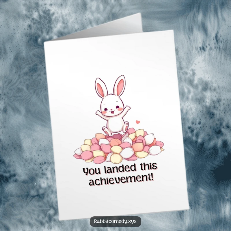 Funny Free Printable Congratulations Card: Rabbit landing with a splash in soft, colorful petals, a joyous downloadable moment.