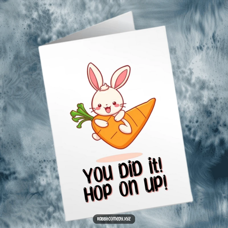 Funny Free Printable Congratulations Card: Ecstatic kawaii rabbit hopping high on a gigantic carrot for a major achievement.
