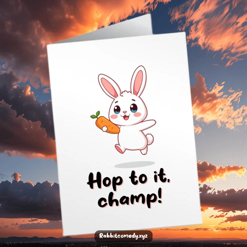 Funny Free Printable Congratulations Card: A rabbit in mid-air, looking shocked, holding a carrot.