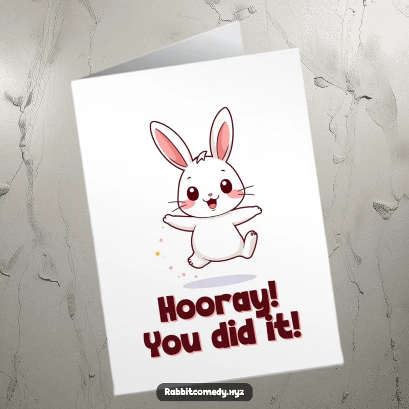 Funny Free Printable Congrats Card: Adorable rabbit hops with joy, leaving a shimmering trail of celebratory dust.