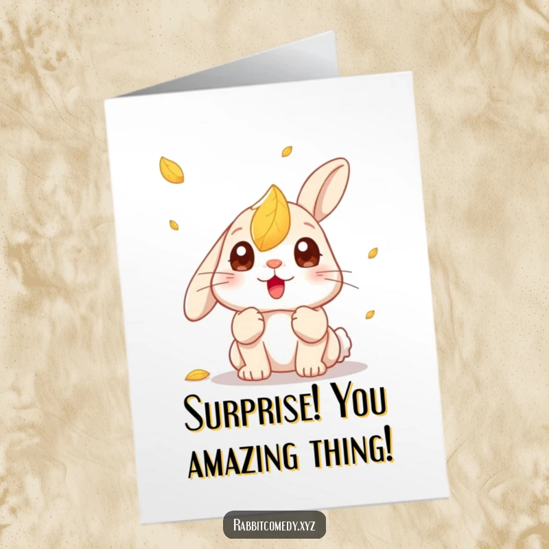 Funny Free Printable Congratulations Card: Kawaii rabbit surprised by a falling leaf, eyes wide open, a comical reaction.