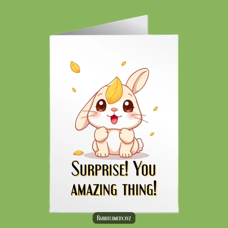 Free Printable Congrats Card: Surprised Kawaii Rabbit Leaf, Humorous Downloadable Celebration