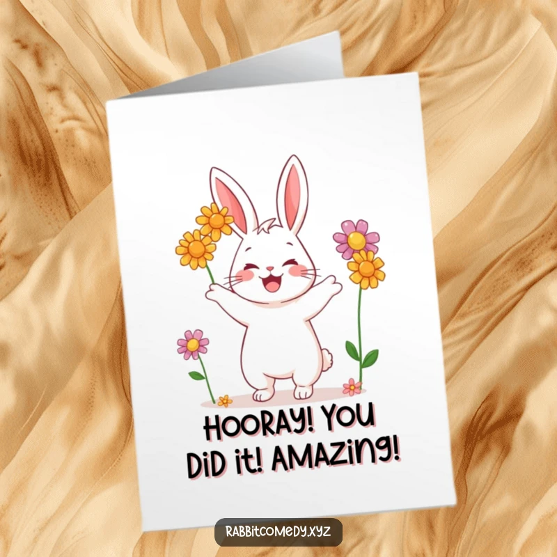 Funny Free Printable Congratulations Card: A cheerful rabbit joyfully juggling three vibrant wildflowers, celebrating success.