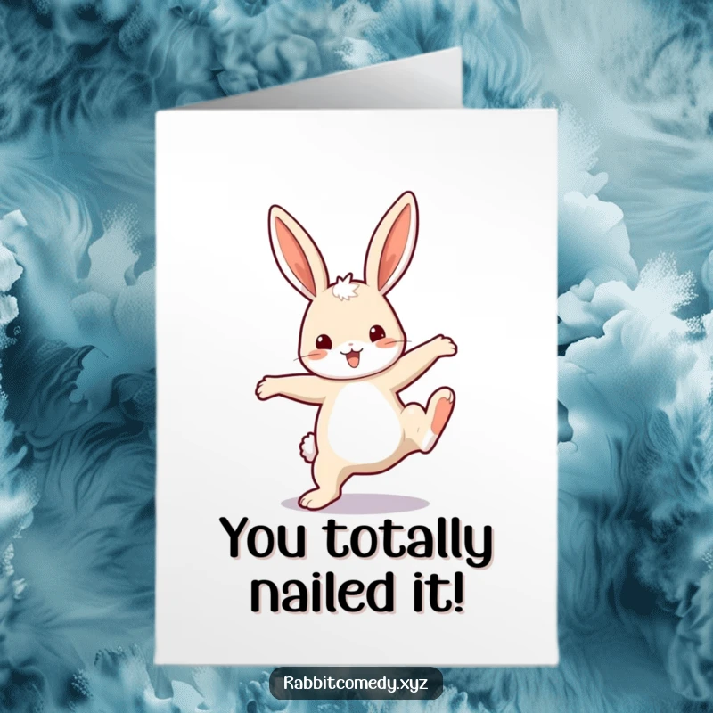 Funny free printable congratulations card showing a happy rabbit performing an energetic cartwheel with its ears flapping.