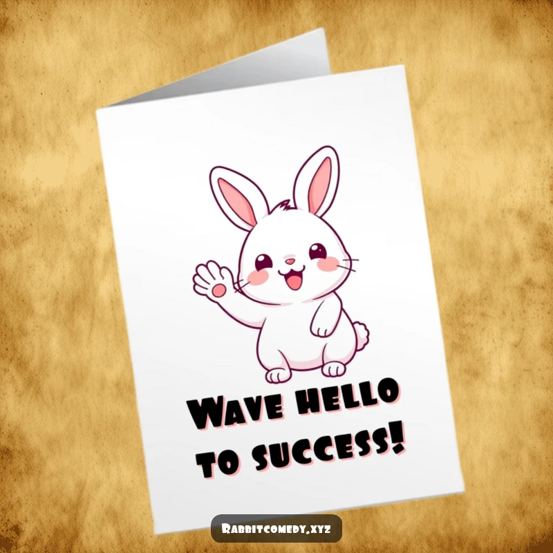 Funny Free Printable Congratulations Card: Cute kawaii rabbit offering a friendly, joyful wave with its paw, celebrating good news.
