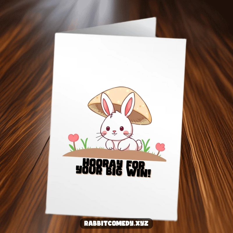 Free Printable Congratulations Card: a curious rabbit peeks from under a mushroom, symbolizing a delightful discovery of success.