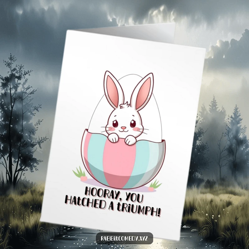 Funny Free Printable Congratulations Card: A curious rabbit emerges from a brightly striped Easter egg, full of wonder.