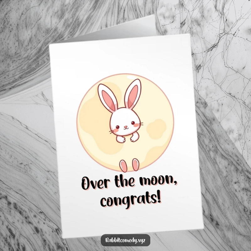 Funny Free Printable Congratulations Card: A small rabbit playfully peeking from behind a huge, round moon.