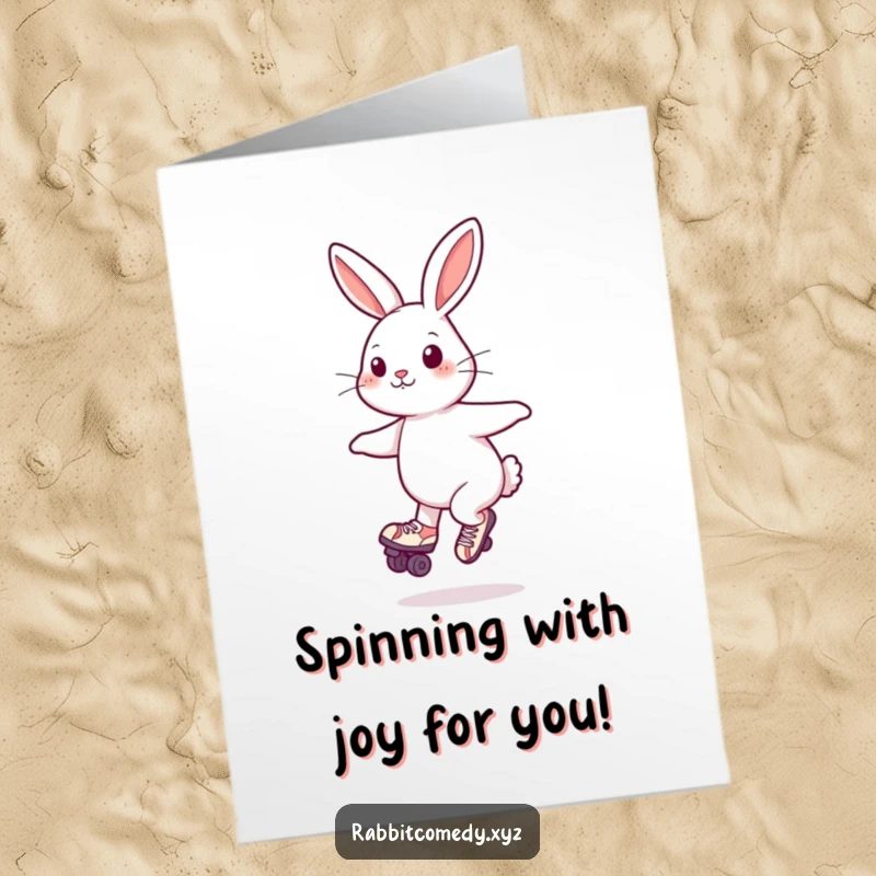 Funny free printable congratulations card of a rabbit in roller skates, caught mid-spin.