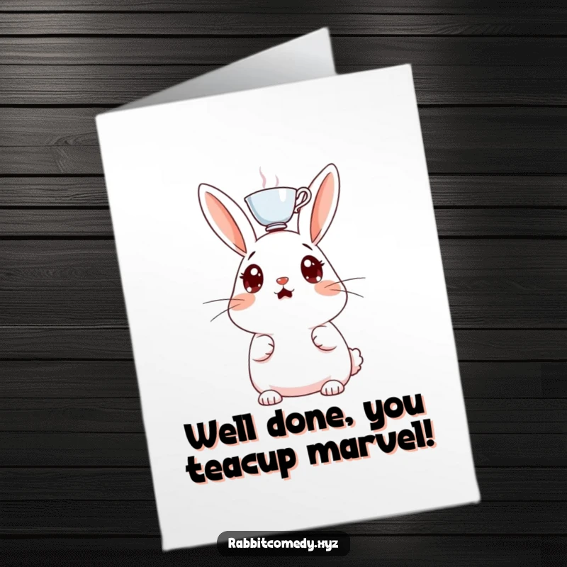 Funny Free Printable Congratulations Card: A wide-eyed rabbit sporting a teacup balanced precariously on its head.