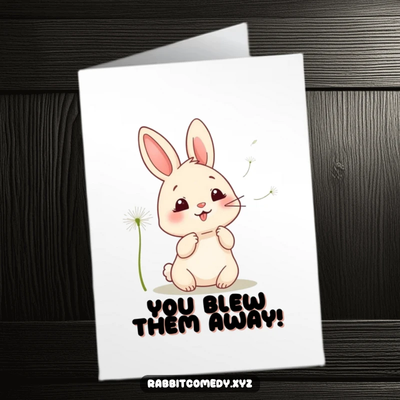 Funny Free Printable Congrats Card: Giggling kawaii rabbit scattering dandelion seeds, spreading good luck. Cute downloadable gift.
