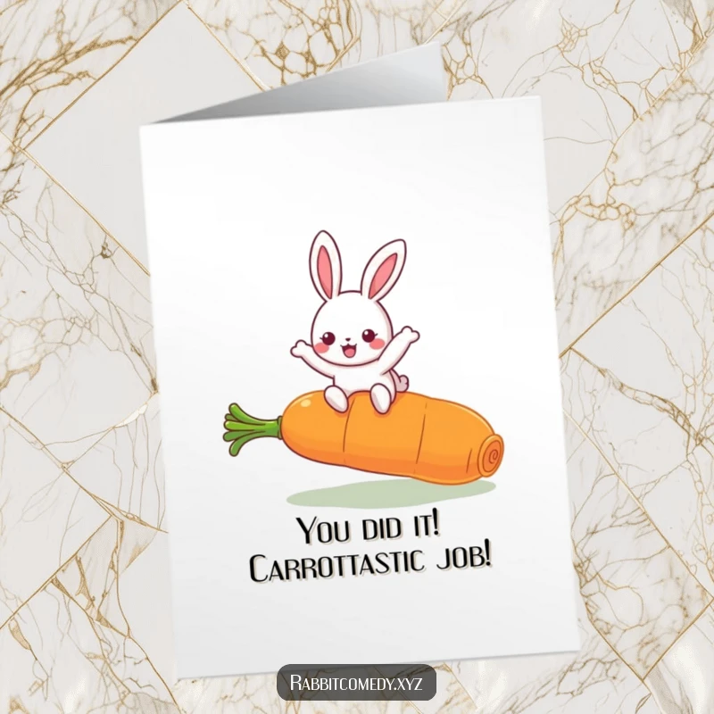 Funny Free Printable Congratulations Card: Kawaii rabbit joyfully leaping over a giant carrot, a hilarious humorous celebration.