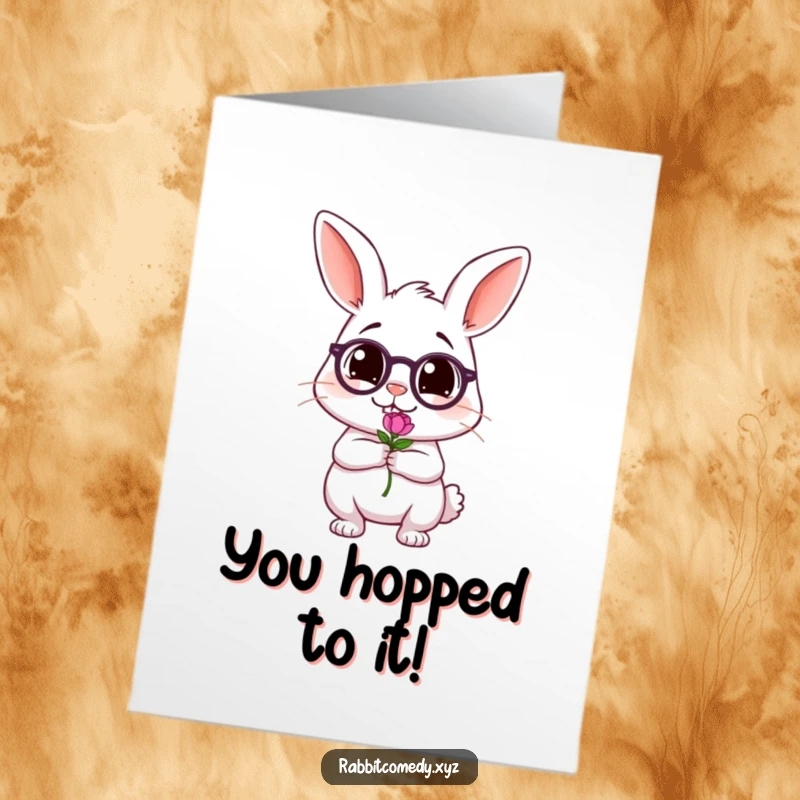 Free Printable Congratulations Card showing a comically tipsy rabbit raising a flower, celebrating a big win.