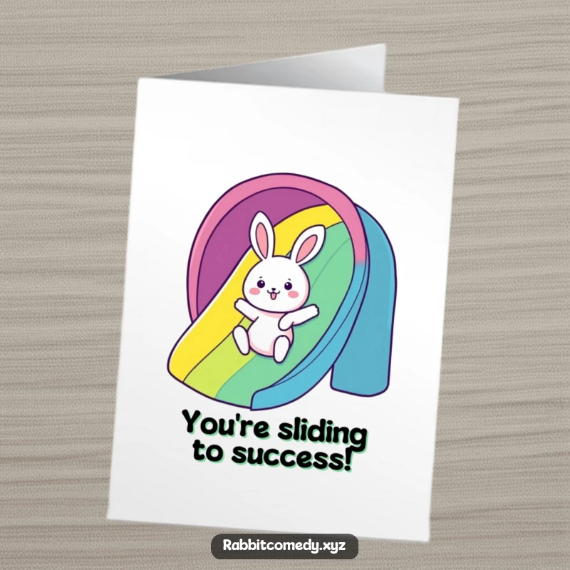 Funny free printable congratulations card featuring a kawaii rabbit joyfully sliding down a rainbow slide, celebrating success.