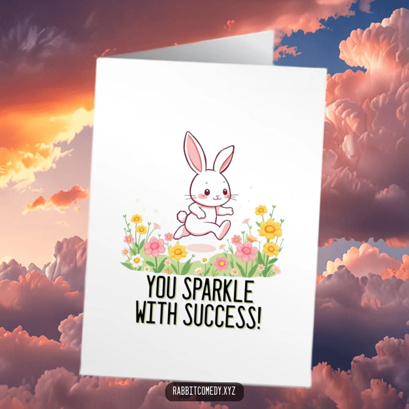 Funny Free Printable Congratulations Card: An energetic rabbit sprinting through a flower field, leaving a trail of shimmering sparkles.