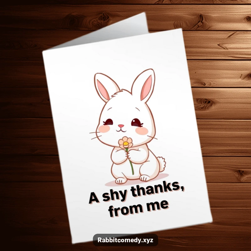 Funny Free Printable Thank You Card: A shy rabbit with a blush offers a single flower as a token of thanks.