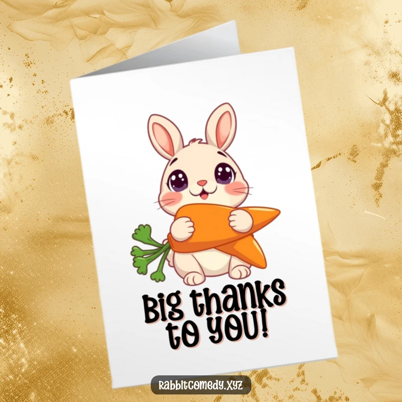 Funny free printable thank you card: a rabbit looks astonished, holding a massive carrot.