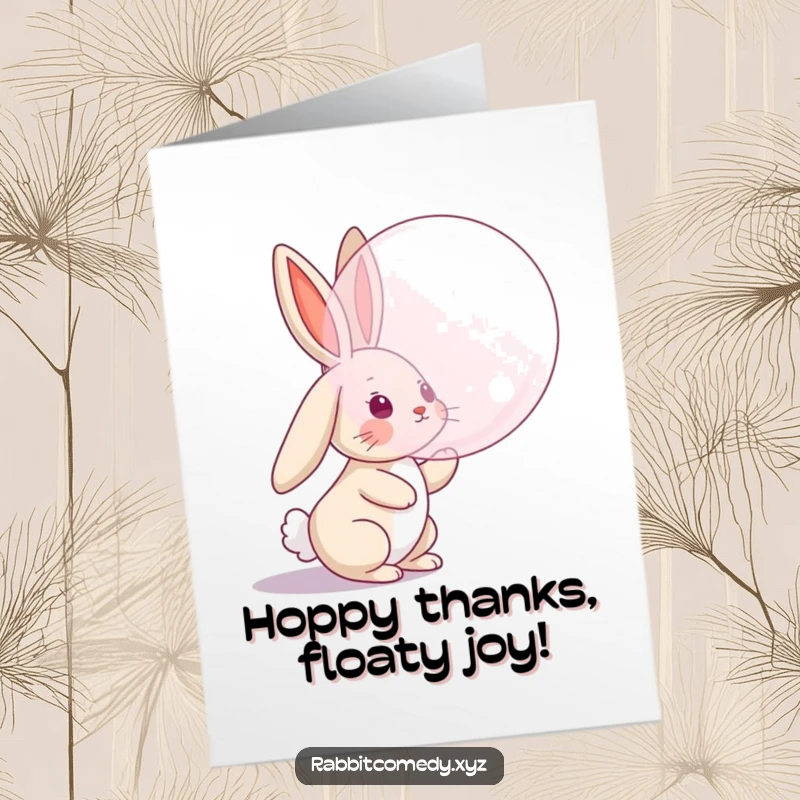 Funny Free Printable Thank You Card: Rabbit character with floppy ears reaching for a giant floating bubble, expressing thanks, DIY gift.