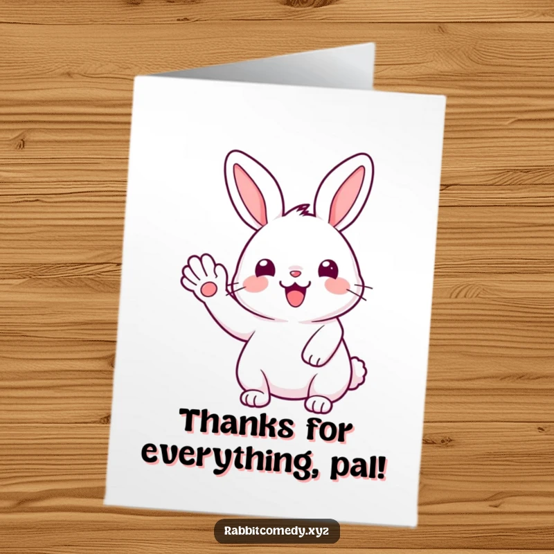 Funny Free Printable Thank You Card: A cheerful kawaii rabbit extending a paw in a sweet, joyful wave to express thanks.