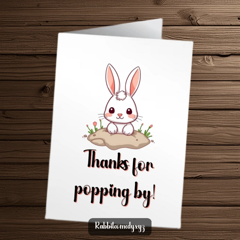 Funny free printable thank you card: a rabbit with a curious expression peeks out from a hole.