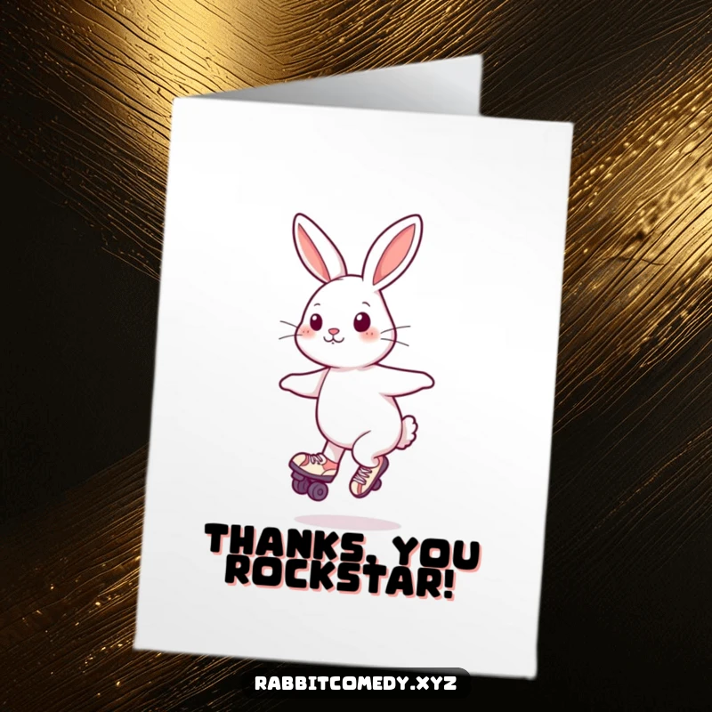 Funny free printable thank you card: a rabbit gracefully spinning on roller skates.