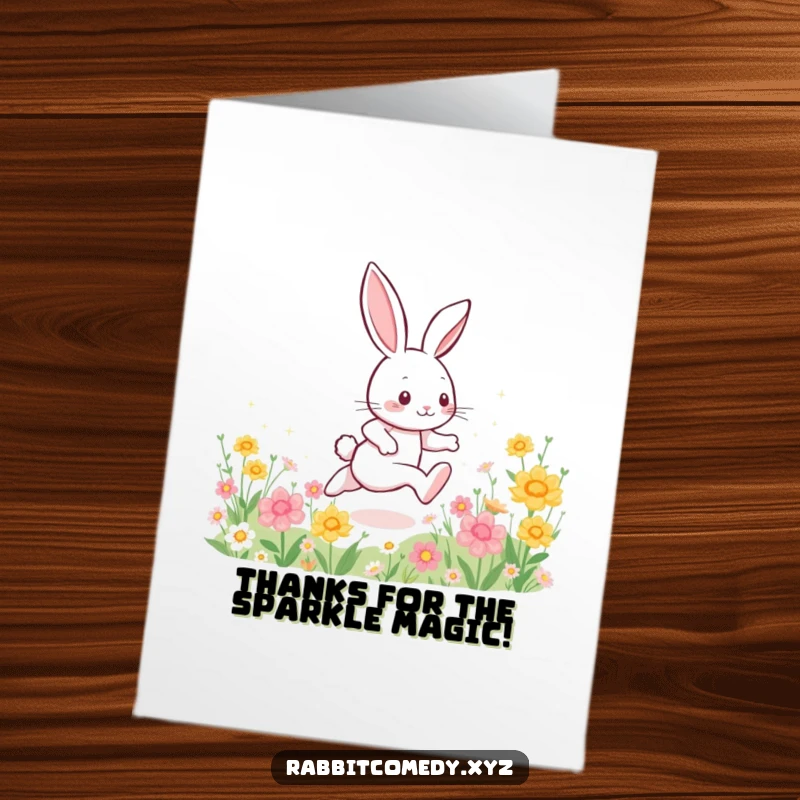 Funny Free Printable Thank You Card: An energetic rabbit dashing through flowers, trailing a path of sparkling glitter.