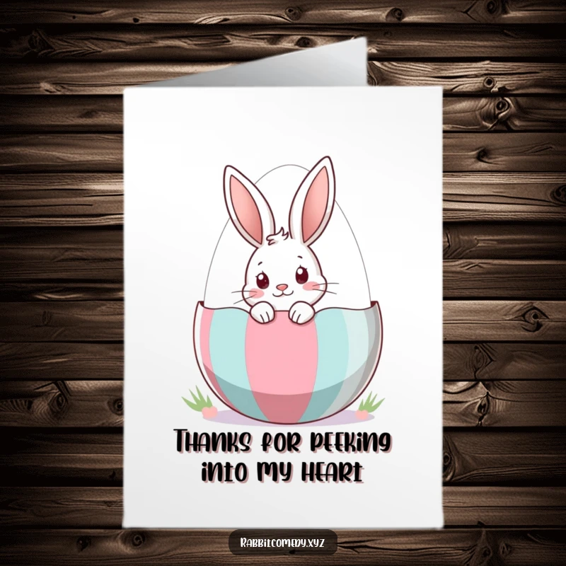 Funny Free Printable Thank You Card: A curious rabbit peers out of a striped Easter egg, offering a sweet thank you.