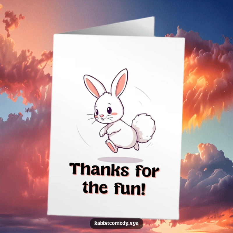 Funny Free Printable Thank You Card: Playful rabbit character chasing its fluffy tail in a dizzying circle, showing thanks.