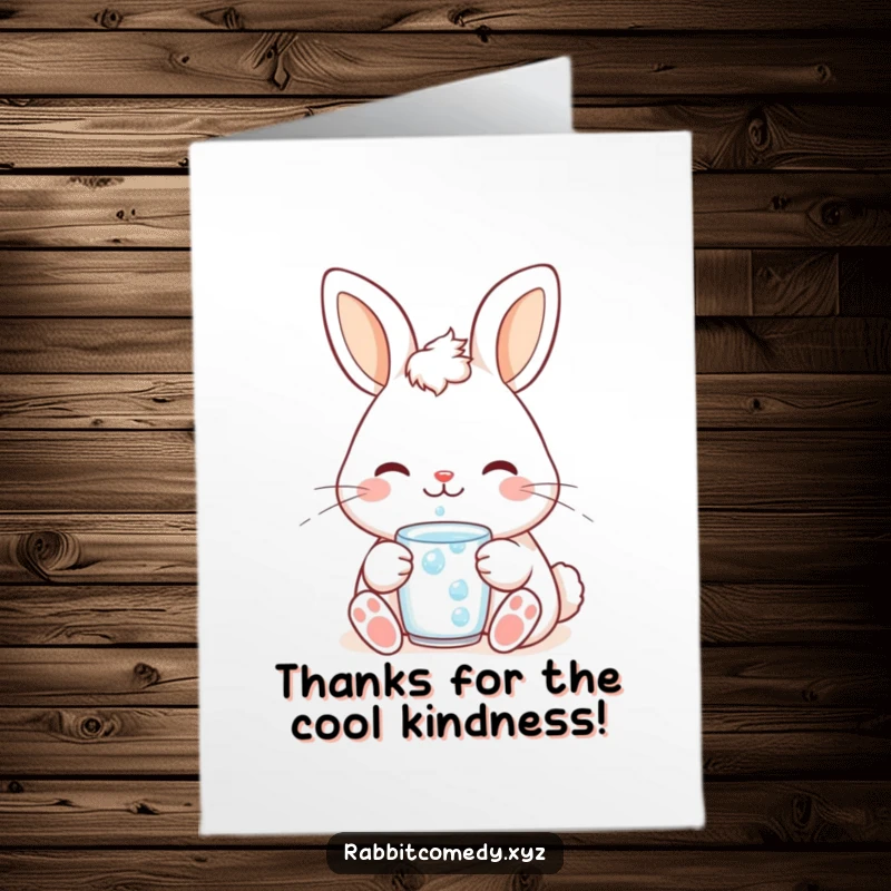 Funny Free Printable Thank You Card: Kawaii rabbit with contented smile, enjoying a dewdrop drink. Adorable downloadable gift.