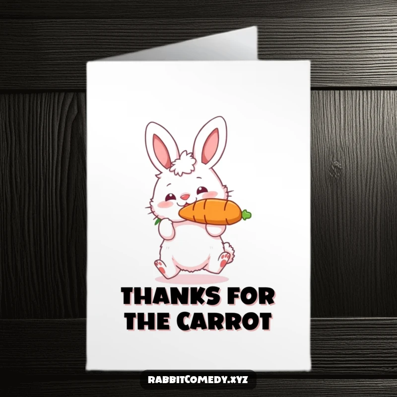 Funny Free Printable Thank You Card: Fluffy Rabbit Bouncing a Giant Carrot on its Nose
