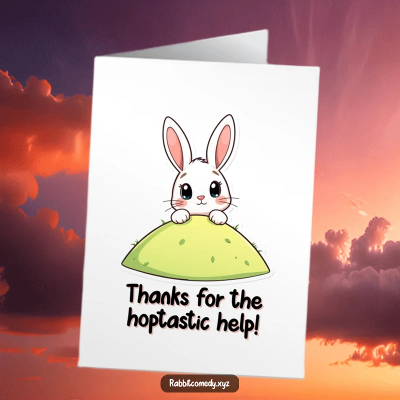 Funny Free Printable Thank You Card: Stylized rabbit peeking over a hill, eyes wide with grateful anticipation for your thoughtfulness.