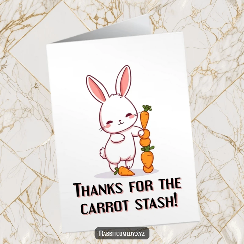Funny Free Printable Thank You Card: Petite rabbit wobbling while balancing a stack of small carrots.