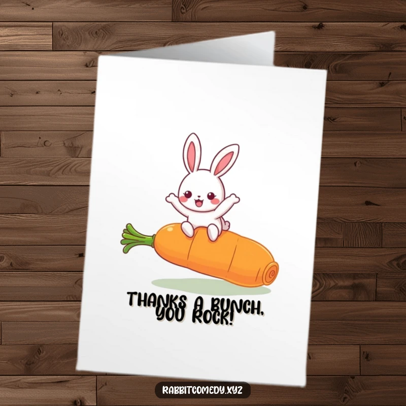 Funny Free Printable Thank You Card: Kawaii rabbit joyfully leaping over a giant carrot, expressing gratitude humorously.