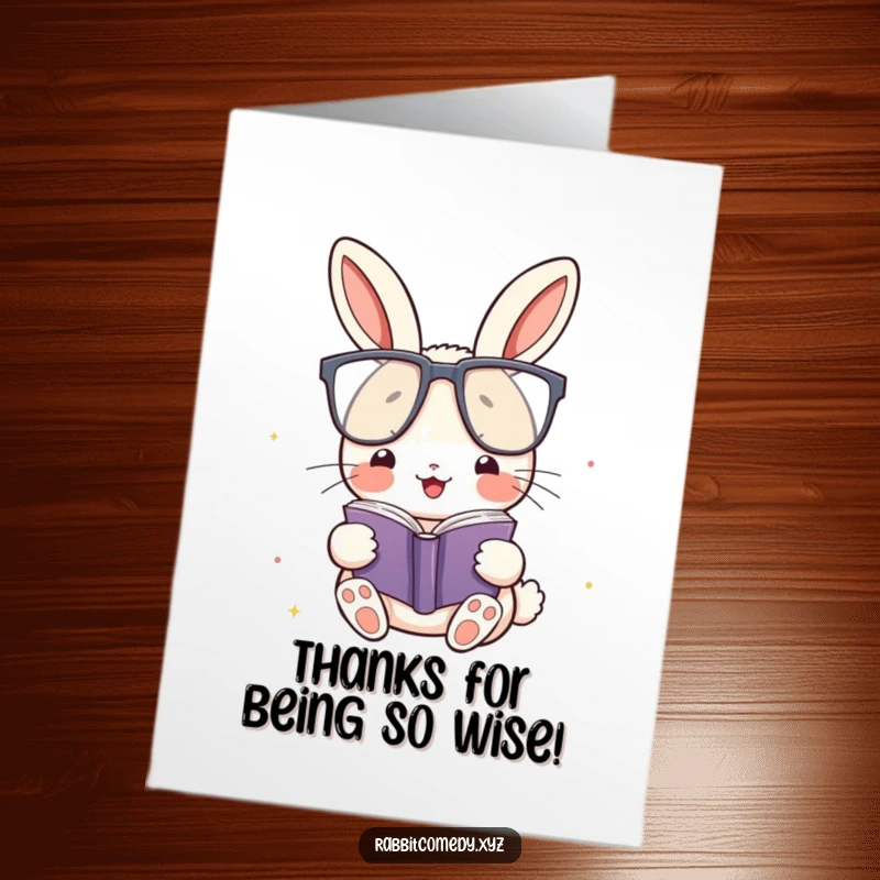 Funny free printable thank you card featuring a kawaii rabbit in glasses, humorously thanking someone for their knowledge.