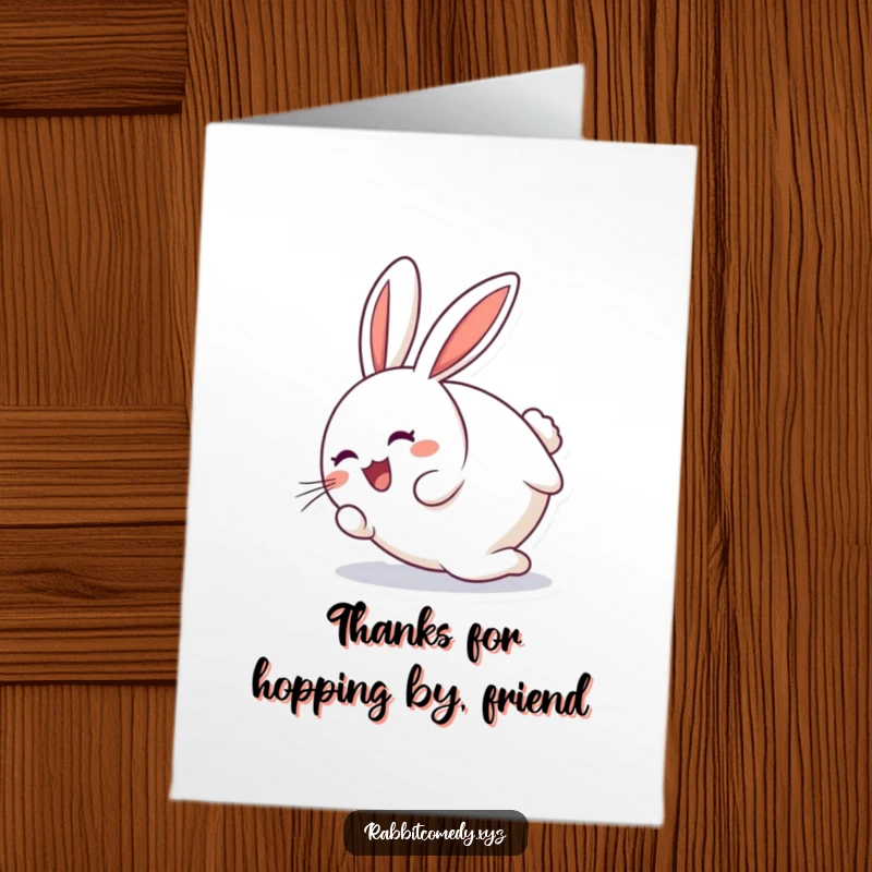 Funny Free Printable Thank You Card: A joyful round rabbit tumbles end over end, expressing thanks with motion.